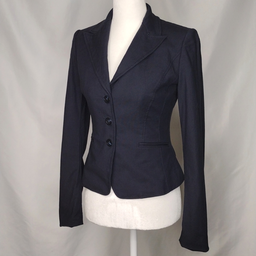 VNTG Y2K Elie Tahari Navy Blue Stitched Fitted 3 Button Blazer Women's 2